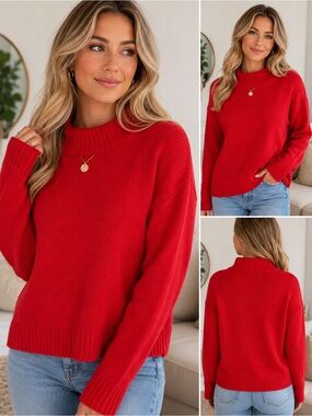Michelle Stuart Red Ribbed Mock-Neck Sweater